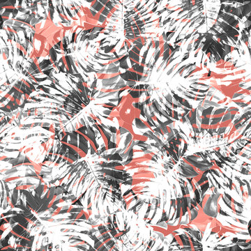 Seamless monstera tropical pattern white on isolated dark coral pastel background.Vector illustration watercolor hand drawning.For fabric print design texture