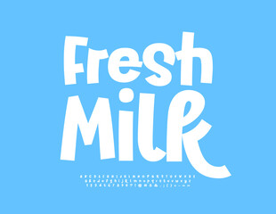 Fototapeta na wymiar Vector advertising sign Fresh Milk. Trendy artistic Font. Funny white Alphabet Letters, Numbers and Symbols.