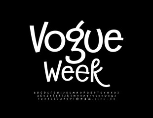Vector stylish poster Vogue Week. White trendy Font. Fancy Alphabet Letters, Numbers and Symbols set