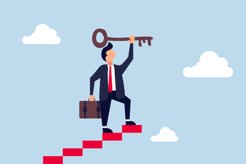 Key to business and career success, businessman winner walk up to top of stairway lifting success key to the sky.