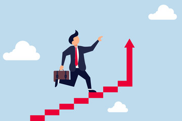 Improvement or career growth, stairway to success,  confidence businessman step walking up stair of success with rising up arrow.