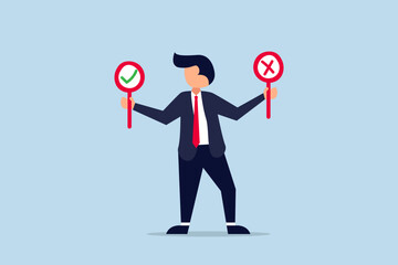 Business decision right or wrong, thoughtful businessman holding right or wrong of left and right hand while making decision.