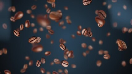 Super slow motion shot of falling roasted aromatic coffee beans