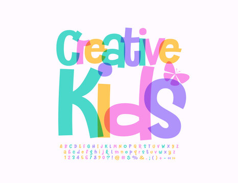 Vector artistic logo Creative Kids. Funny bright Font. Watercolor Alphabet Letters and Numbers set
