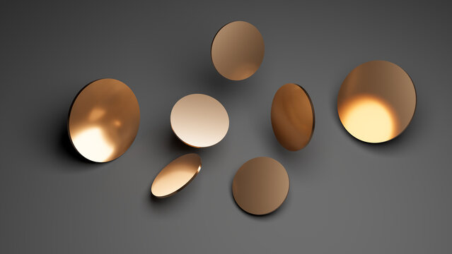 Abstract 3d-illustration as a rendering of some golden coins as a symbol for richment isolated in front of a grey background