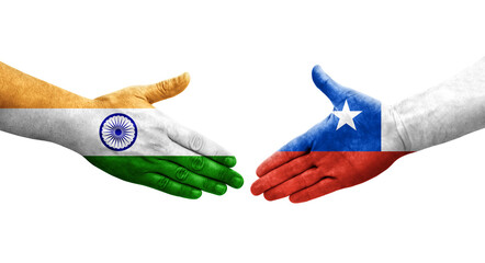 Handshake between Chile and India flags painted on hands, isolated transparent image.