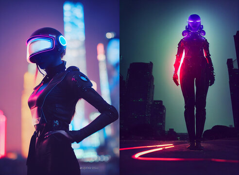 Futuristic cyberpunk android, futuristic city, dancing people in the nightclub