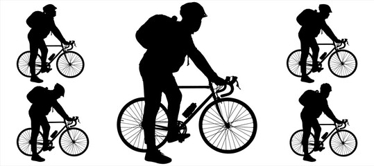 Obraz premium The cyclist stands next to the bike. A guy in a helmet with a backpack behind his back holds onto the handlebars of his bike with both hands. The cyclist looks around. Silhouettes isolated on white