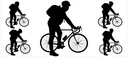 The cyclist stands next to the bike. A guy in a helmet with a backpack behind his back holds onto the handlebars of his bike with both hands. The cyclist looks around. Silhouettes isolated on white