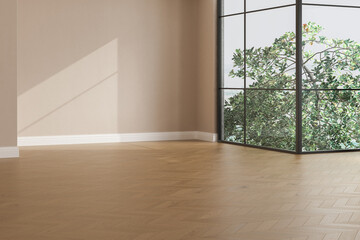 Realistic 3D render of room, beautiful sunlight and window frame shadow on beige blank wall, white skirting board in an empty room. New wooden parquet floor. Background, Interior. Side view.