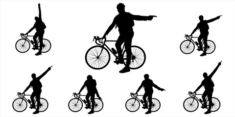 The man shows with one hand the direction: up, down, to the side. Sport. Bicycling. Male black silhouette. A guy in a tracksuit, and a protective helmet, stand with one foot on the pedals of a bicycle