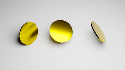 3D- Rendering mehrerer goldene Münzen ohne jegliche Beschriftung nebeneinander auf grauem Untergrund 