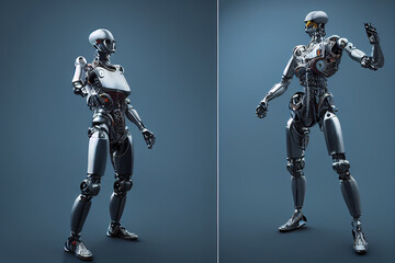 Cyborg 3D illustration with dramatic futuristic lighting in an action position Poster design with copy space 