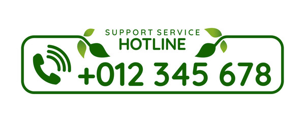 Hotline Support Service call number design with green leaf. green vector illustration