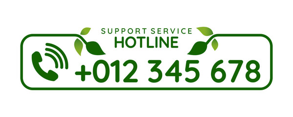 Hotline Support Service call number design with green leaf frame. for icon, logo, label, insigna, seal, tag, sign, seal, symbol, badge, stamp, sticker, emblem, banner. Vector illustration