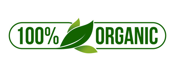100% Organic icon design with green leaf frame. for icon, logo, label, insigna, seal, tag, sign, seal, symbol, badge, stamp, sticker, emblem, banner. Vector illustration