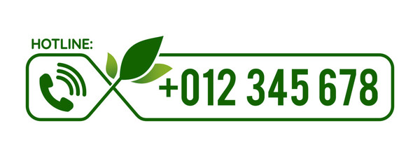 Hotline Support Service call number design with green leaf frame. for icon, logo, label, insigna, seal, tag, sign, seal, symbol, badge, stamp, sticker, emblem, banner. Vector illustration