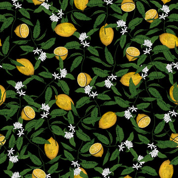 Tropical seamless pattern with yellow lemons. Fruit repeated background.Endless ornament for wrapping paper, wallpaper, fashion, textile, fabric