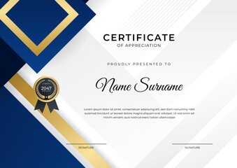Certificate of achievement blue template design with gold badge and border for business, award, honor and school