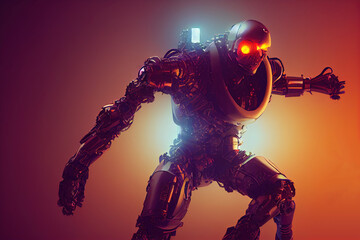 Cyborg 3D illustration with dramatic futuristic lighting in an action position Poster design with copy space 