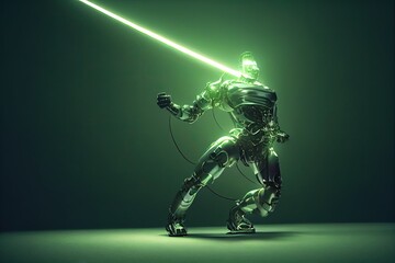 Fototapeta na wymiar Cyborg 3D illustration with dramatic futuristic lighting in an action position Poster design with copy space 