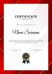 Certificate of achievement red template design with gold badge and border for business, award, honor and school