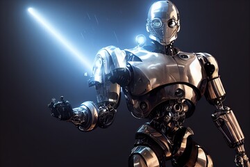 Cyborg 3D illustration with dramatic futuristic lighting in an action position Poster design with copy space 