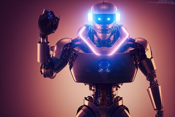 Cyborg 3D illustration with dramatic futuristic lighting in an action position Poster design with copy space 