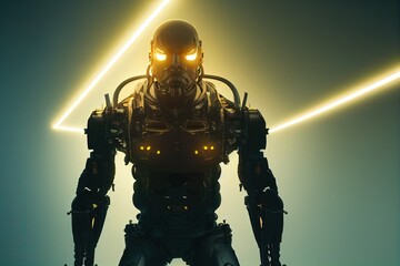 Fototapeta premium Cyborg 3D illustration with dramatic futuristic lighting in an action position Poster design with copy space 