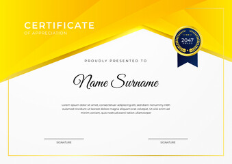 Certificate of achievement orange yellow template design with gold badge and border for business, award, honor and school