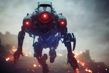 Cyborg 3D illustration with dramatic futuristic lighting in an action position Poster design with copy space 