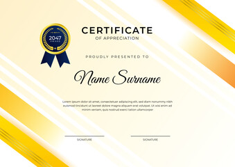 Certificate of achievement orange yellow template design with gold badge and border for business, award, honor and school