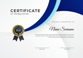Certificate of achievement blue template design with gold badge and border for business, award, honor and school