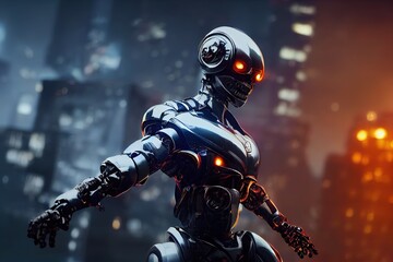 Fototapeta premium Cyborg 3D illustration with dramatic futuristic lighting in an action position Poster design with copy space 