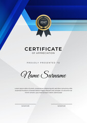 Certificate of achievement blue template design with gold badge and border for business, award, honor and school