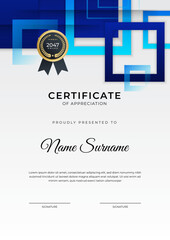 Certificate of achievement blue template design with gold badge and border for business, award, honor and school