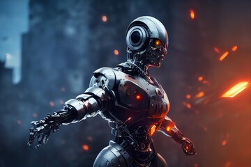 Fototapeta premium Cyborg 3D illustration with dramatic futuristic lighting in an action position Poster design with copy space 