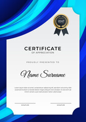 Certificate of achievement blue template design with gold badge and border for business, award, honor and school