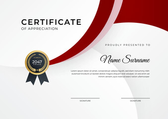 Certificate of achievement red template design with gold badge and border for business, award, honor and school