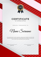 Certificate of achievement red template design with gold badge and border for business, award, honor and school