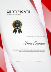 Certificate of achievement red template design with gold badge and border for business, award, honor and school