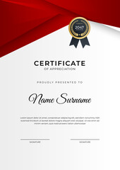 Certificate of achievement red template design with gold badge and border for business, award, honor and school