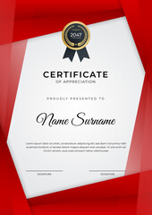 Certificate of achievement red template design with gold badge and border for business, award, honor and school