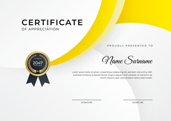 Certificate of achievement orange yellow template design with gold badge and border for business, award, honor and school