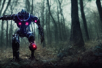 Cyborg 3D illustration with dramatic futuristic lighting in an action position Poster design with copy space 