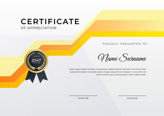 Certificate of achievement orange yellow template design with gold badge and border for business, award, honor and school