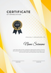 Certificate of achievement orange yellow template design with gold badge and border for business, award, honor and school