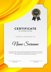 Certificate of achievement orange yellow template design with gold badge and border for business, award, honor and school