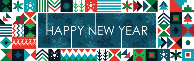 happy new year text banner with modern geometric abstract background in retro style. Trendy design for new year includes winter Christmas theme colorful shapes and snowflakes. Vector illustration