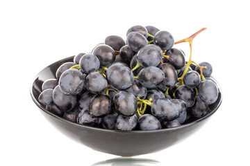 One sprig of sweet black grapes in a ceramic plate, macro, isolated on white background.